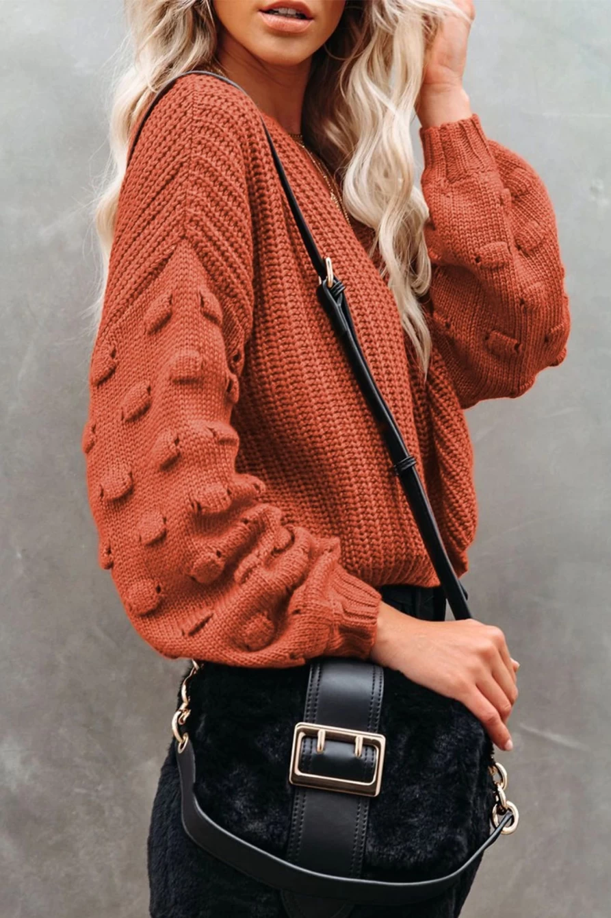 Women's Brown Casual Cropped Knit Sweater with Bubble Sleeves - Shewin