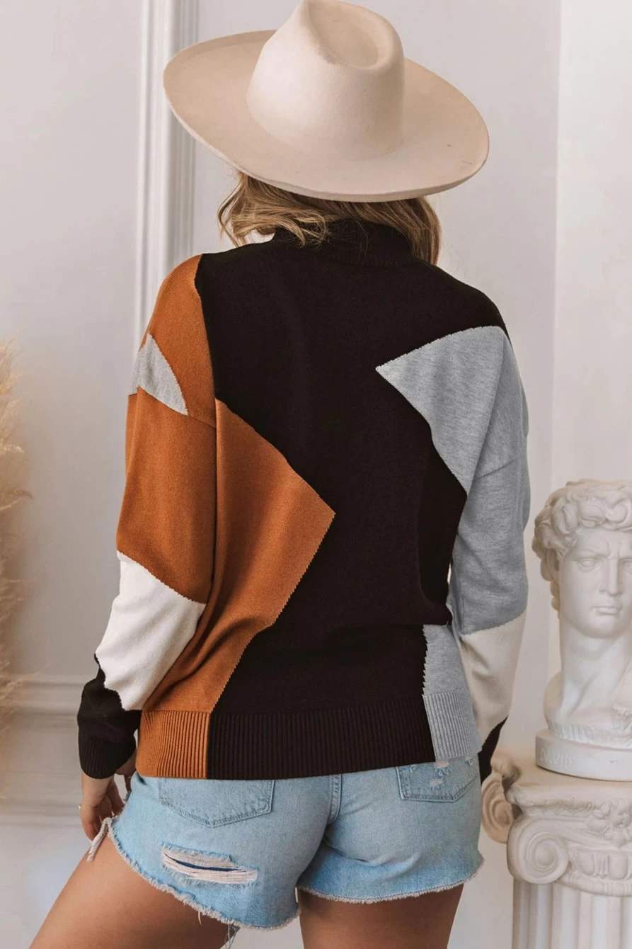 Shewin Women's Orange Color Block Mock Neck Drop Shoulder Knit Sweater