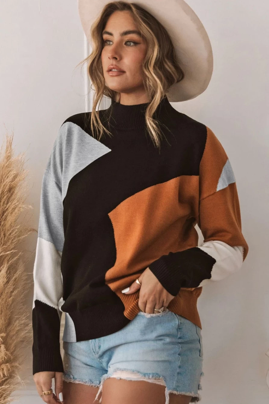 Shewin Women's Orange Color Block Mock Neck Drop Shoulder Knit Sweater