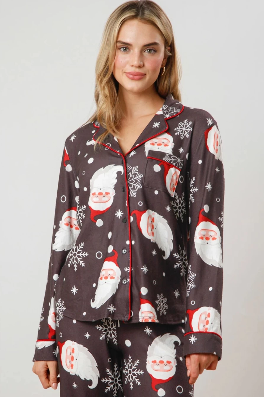 Shewin Women's White Printed Santa Christmas Pajama Set - Festive Shirt & Pants