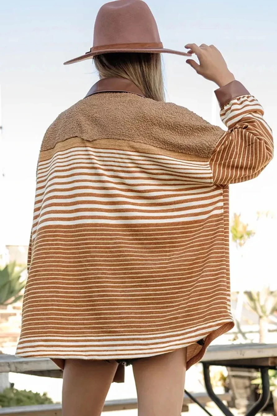 Women's Khaki Faux Leather & Sherpa Striped Shacket by Shewin - Cozy Stylish Outerwear