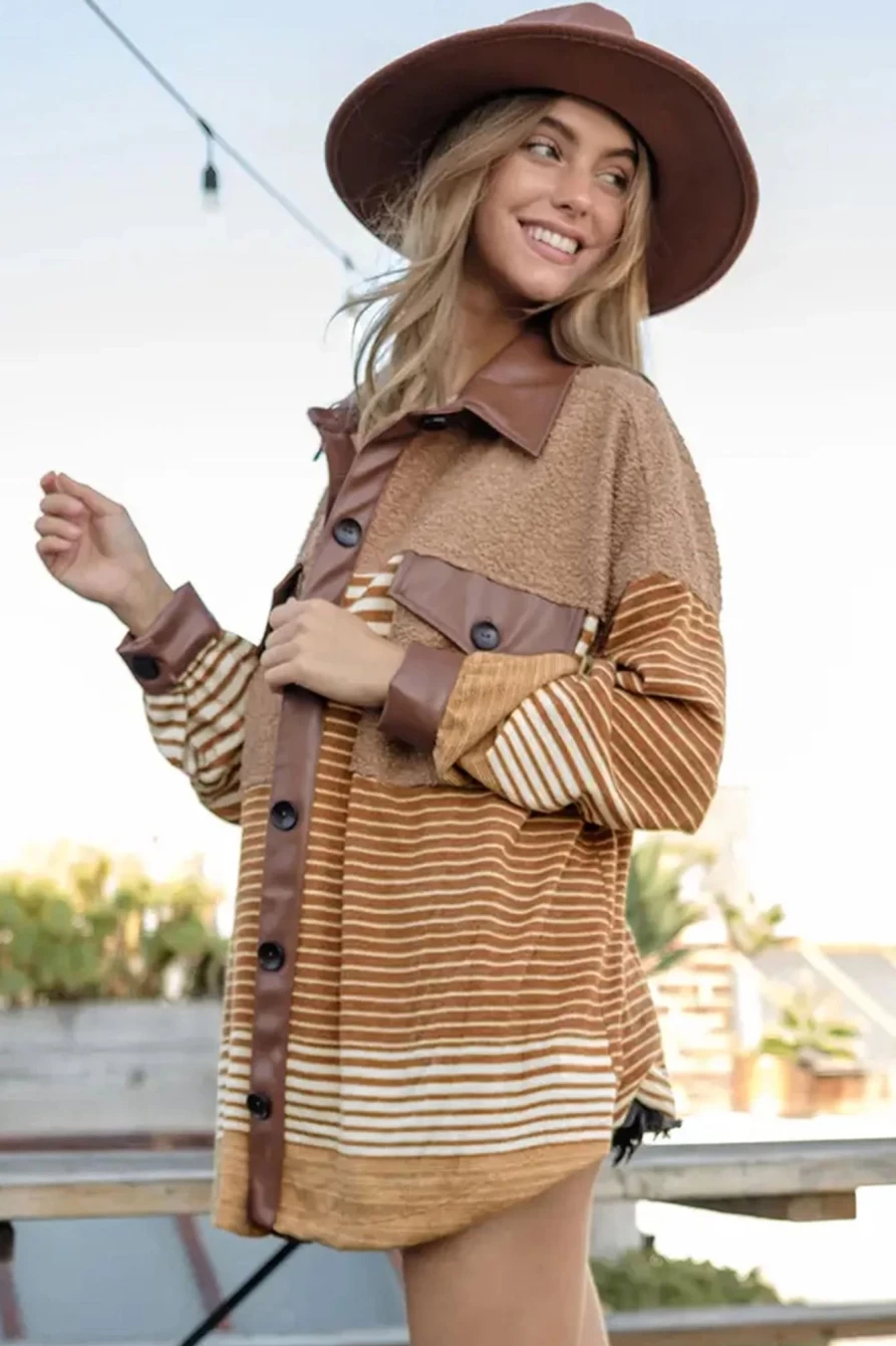 Women's Khaki Faux Leather & Sherpa Striped Shacket by Shewin - Cozy Stylish Outerwear