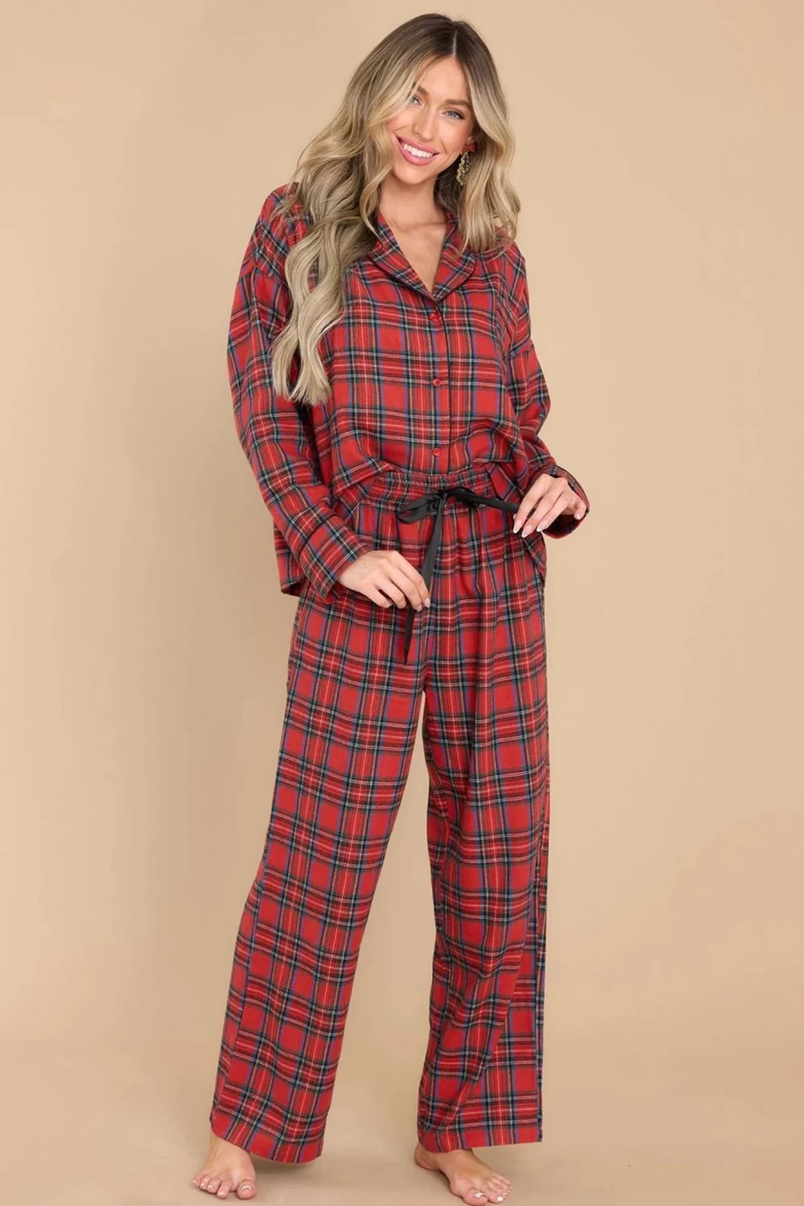 Women's Red Buffalo Plaid Pajama Set - Cozy Flannel Shirt & Drawstring Pants by Shewin
