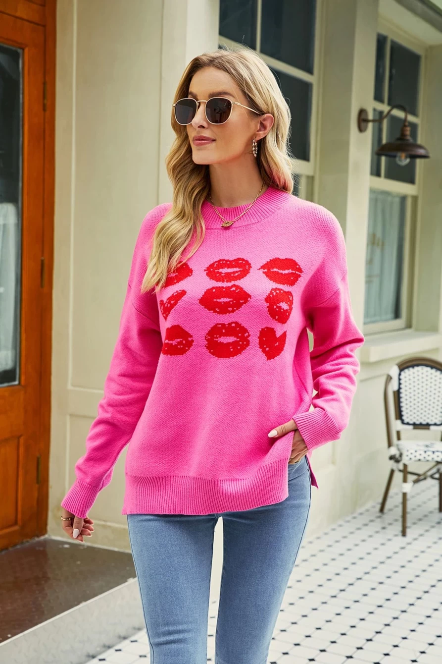 "SheWin Women's Bright Pink Lips Print Valentine's Day Drop Shoulder Sweater"