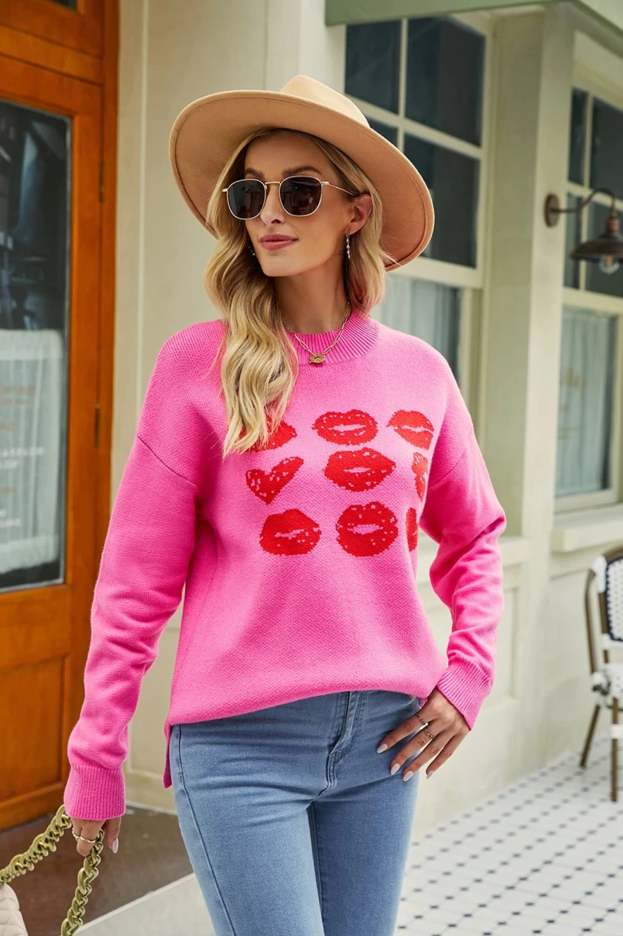 "SheWin Women's Bright Pink Lips Print Valentine's Day Drop Shoulder Sweater"