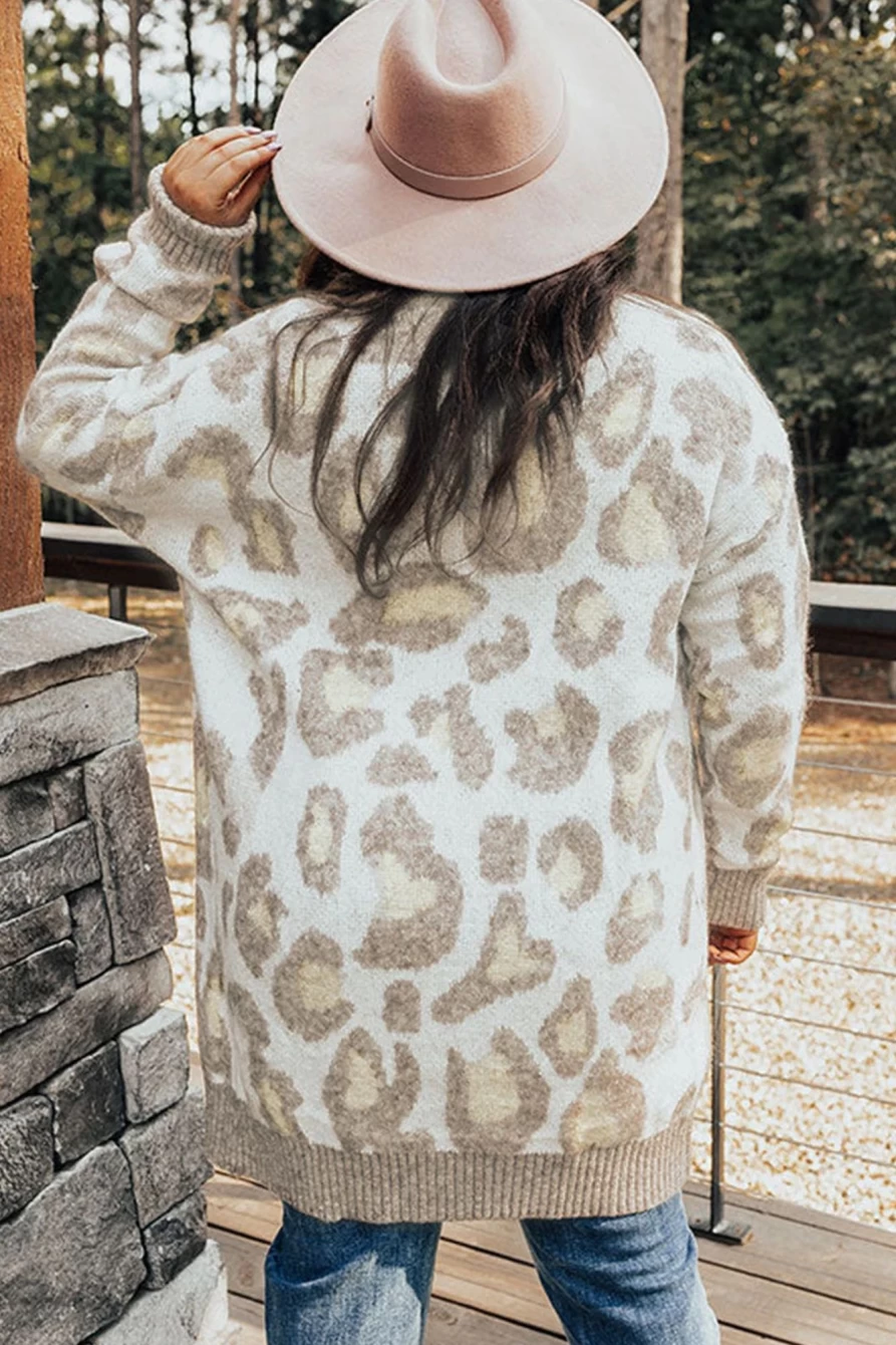 Shewin Women's Beige Leopard Print Plus Size Long Cardigan Coat