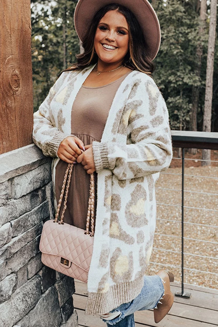 Shewin Women's Beige Leopard Print Plus Size Long Cardigan Coat