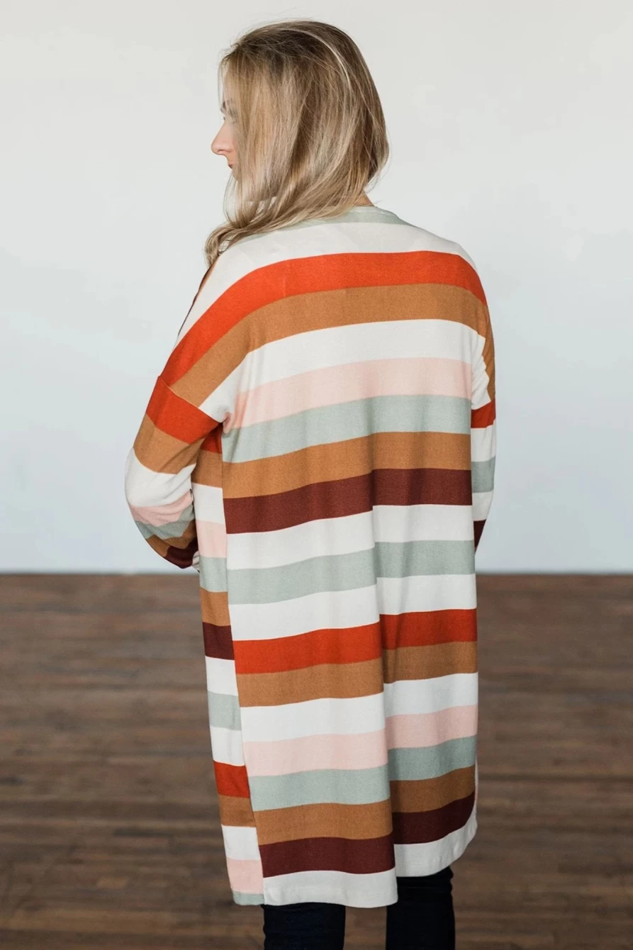 Shewin Women's Multicolor Striped Open Front Cardigan with Pockets and Colorblock Design