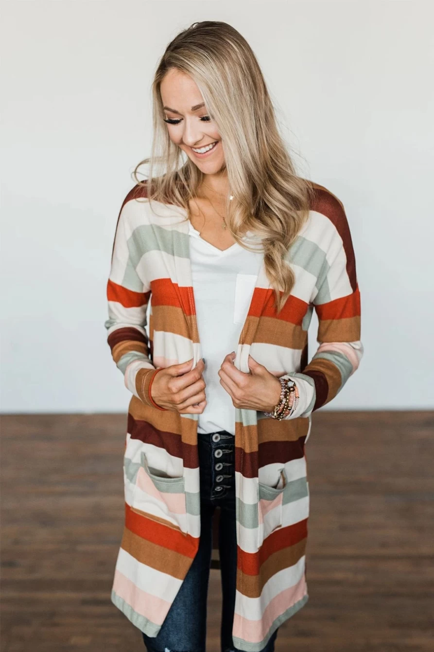 Shewin Women's Multicolor Striped Open Front Cardigan with Pockets and Colorblock Design