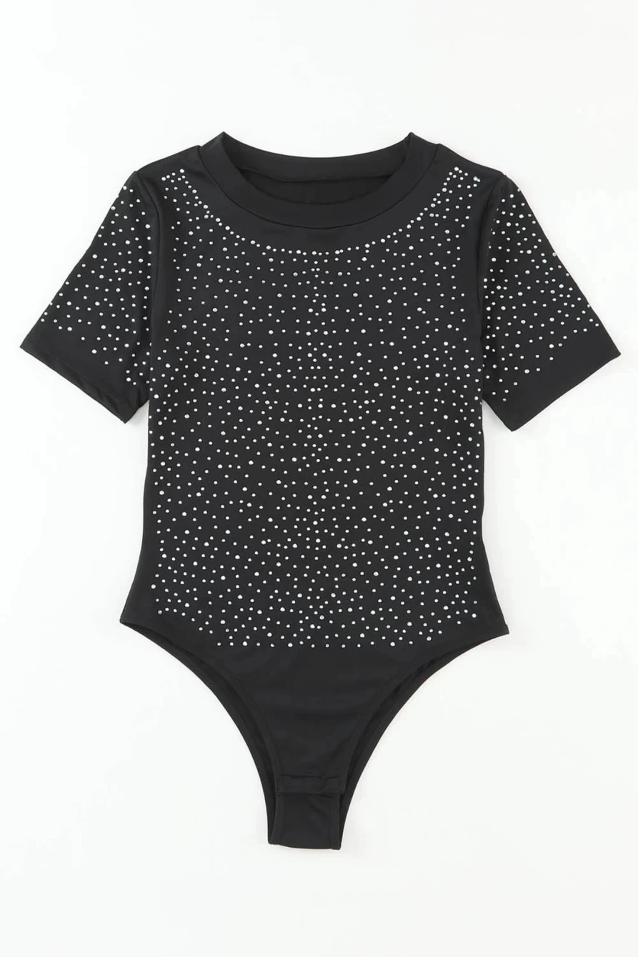 Shewin Women's Black Rhinestone Embellished Round Neck Short Sleeve Bodysuit