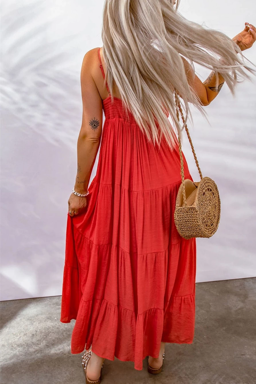 Shewin Women's Red Boho Dress with Smocked Back, Spaghetti Straps & O-Ring Tie Detail