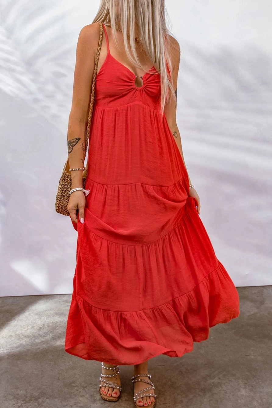 Shewin Women's Red Boho Dress with Smocked Back, Spaghetti Straps & O-Ring Tie Detail