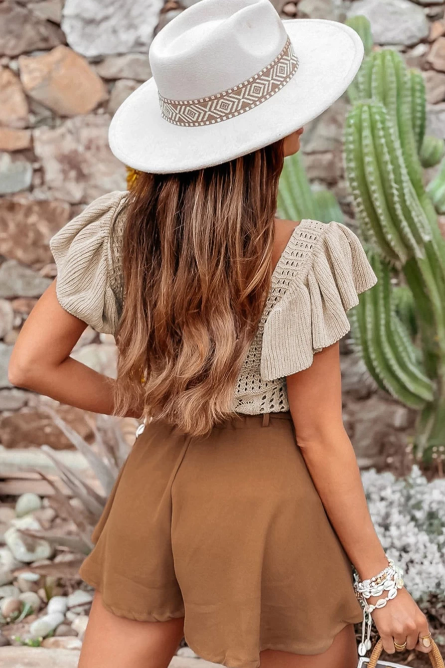 Shewin Women's Beige Flutter Sleeve Pointelle Knit Top with Hollowed Detailing