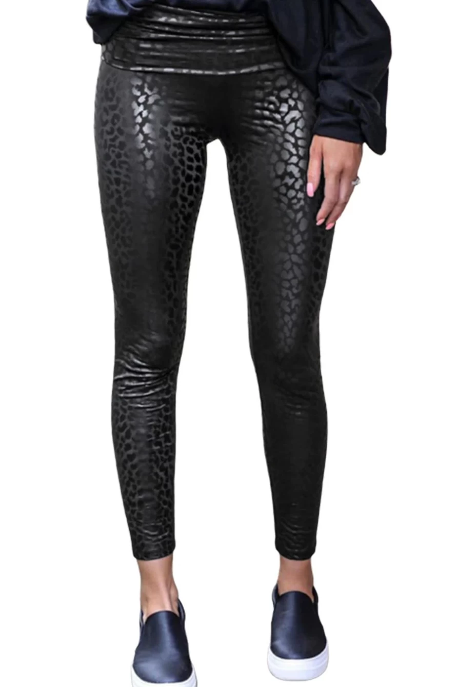 Shewin Women's Black Shiny Leopard Print Textured Casual Leggings