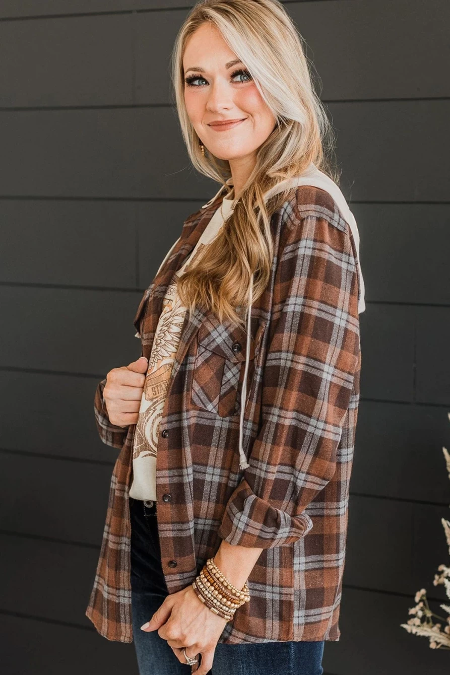 Shewin Women's Brown Plus Size Plaid Hooded Shirt with Contrast Button Up Detail
