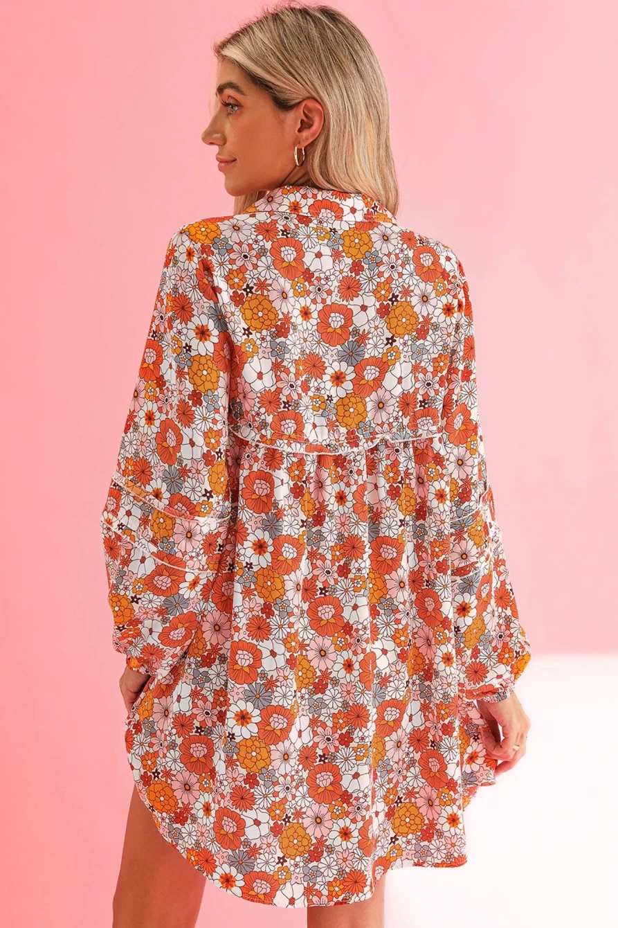 Shewin Women's Orange Printed Boho Floral V-Neck Mini Dress with Pocket