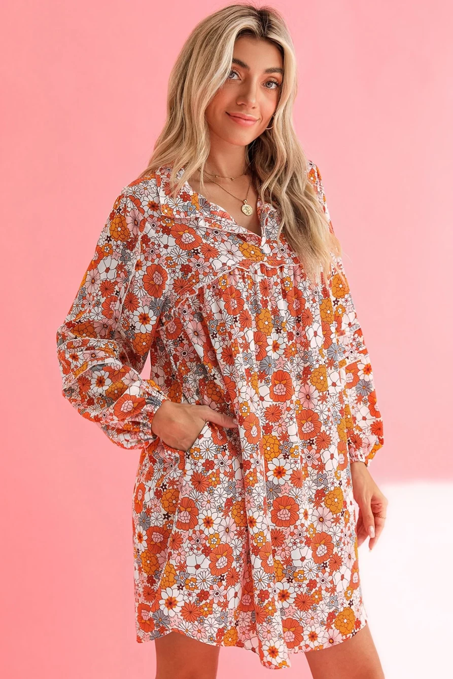 Shewin Women's Orange Printed Boho Floral V-Neck Mini Dress with Pocket