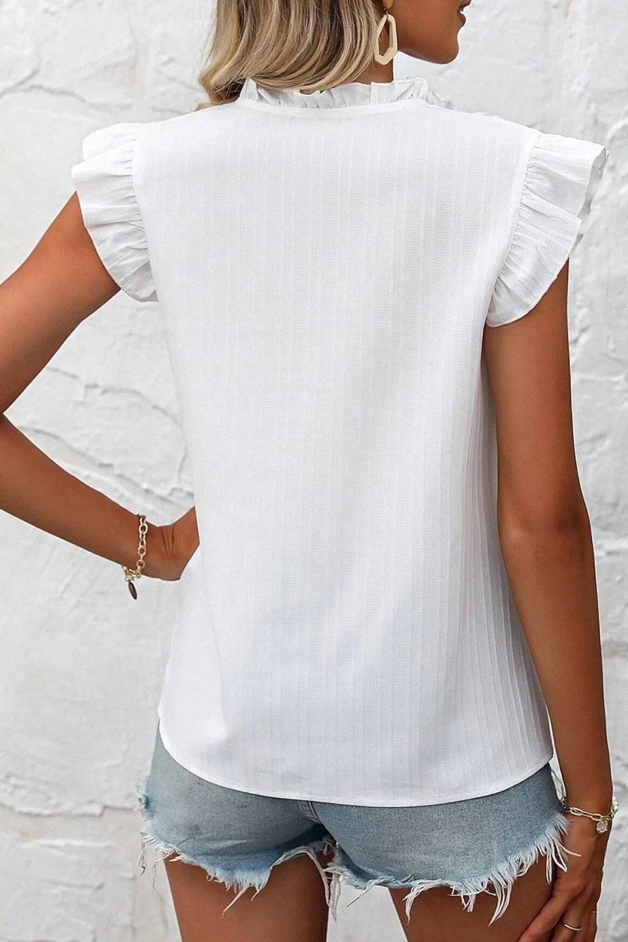 Shewin Women's White Floral Embroidered Lace V-Neck Ruffle Blouse