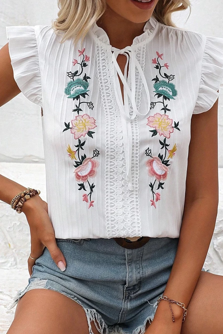 Shewin Women's White Floral Embroidered Lace V-Neck Ruffle Blouse