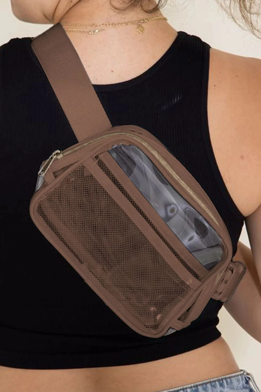 Shewin Women's Brown Adjustable Waist Bag with Zipper - Clear Fashionable Crossbody Pack