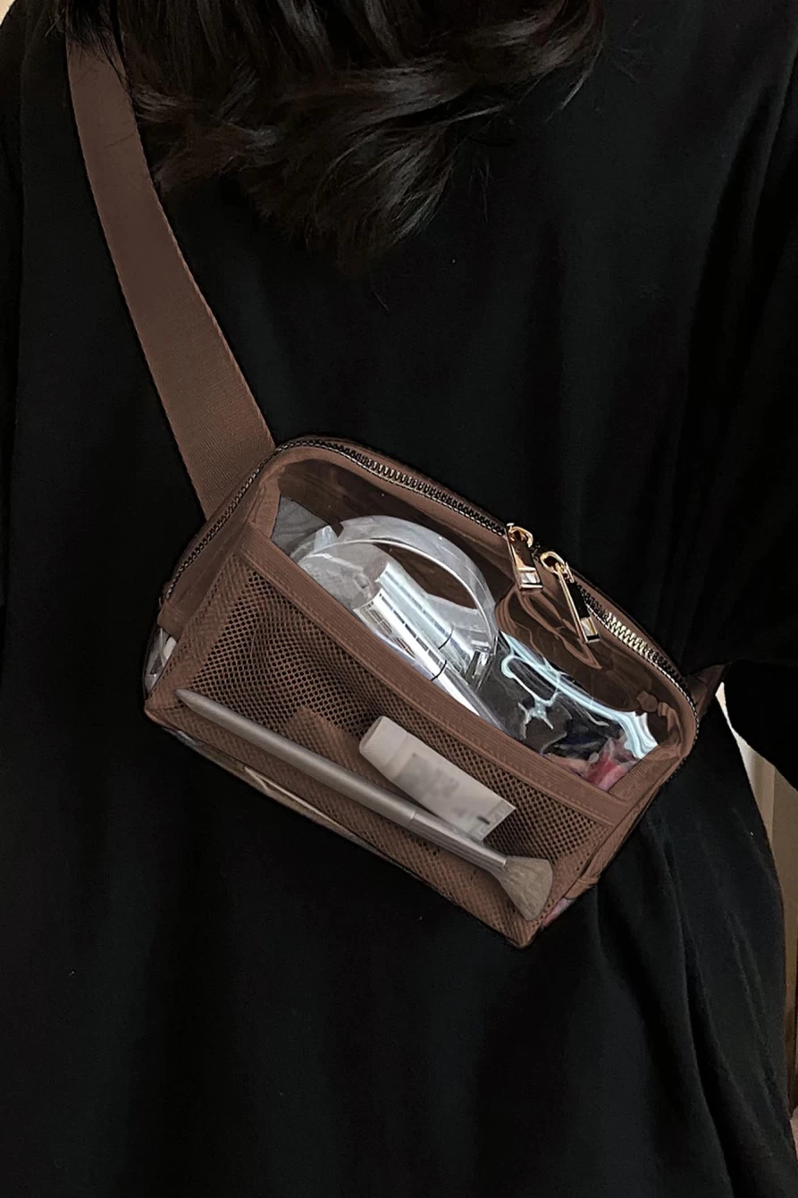 Shewin Women's Brown Adjustable Waist Bag with Zipper - Clear Fashionable Crossbody Pack