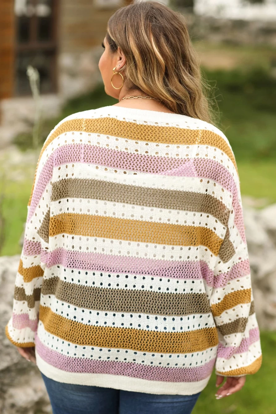 Shewin Women's Plus Size Multicolor Striped Hollow Knit Loose Sweater