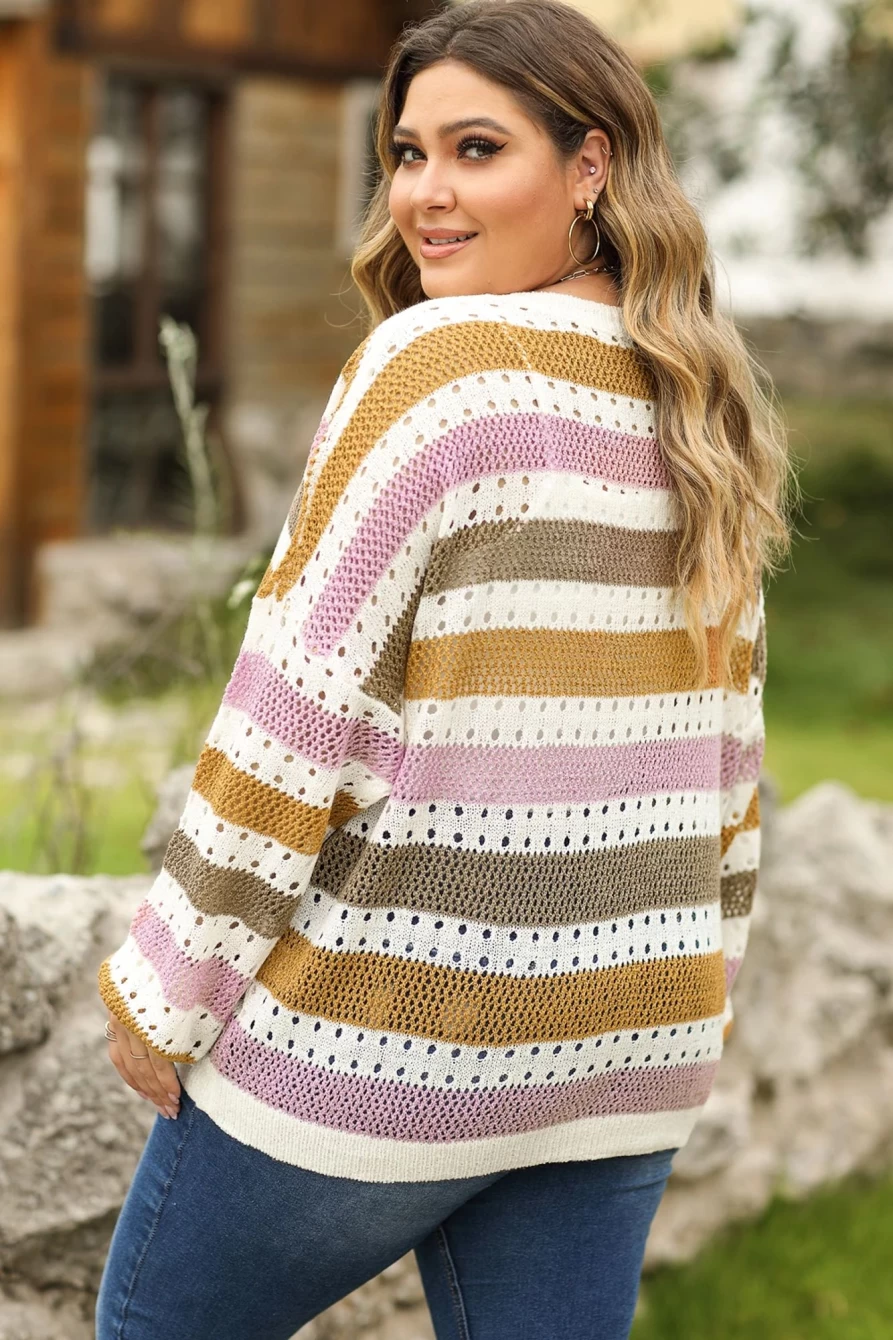 Shewin Women's Plus Size Multicolor Striped Hollow Knit Loose Sweater
