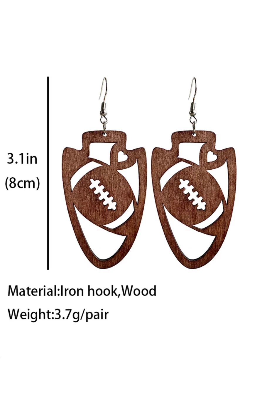 Shewin Coffee Wooden Rugby Carving Pendant Earrings for Women