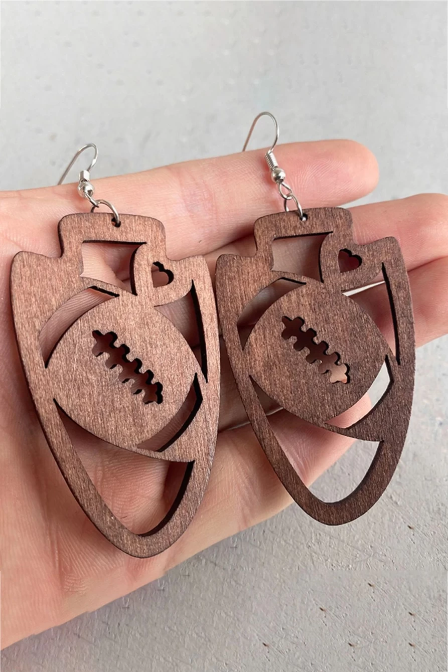 Shewin Coffee Wooden Rugby Carving Pendant Earrings for Women