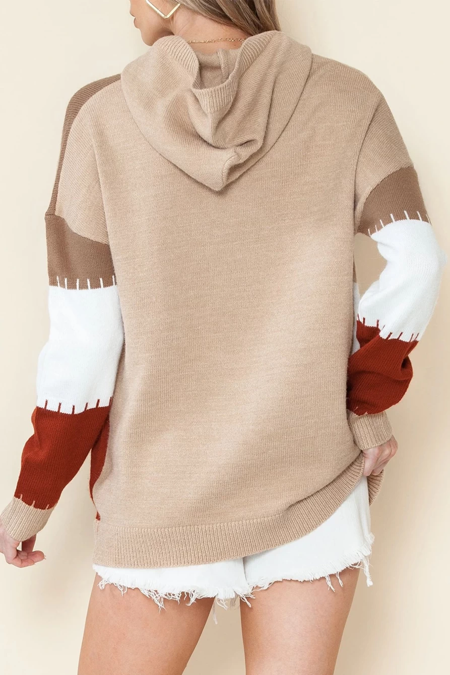 Women's Brown Color Block Hooded Sweater with Kangaroo Pocket - Shewin