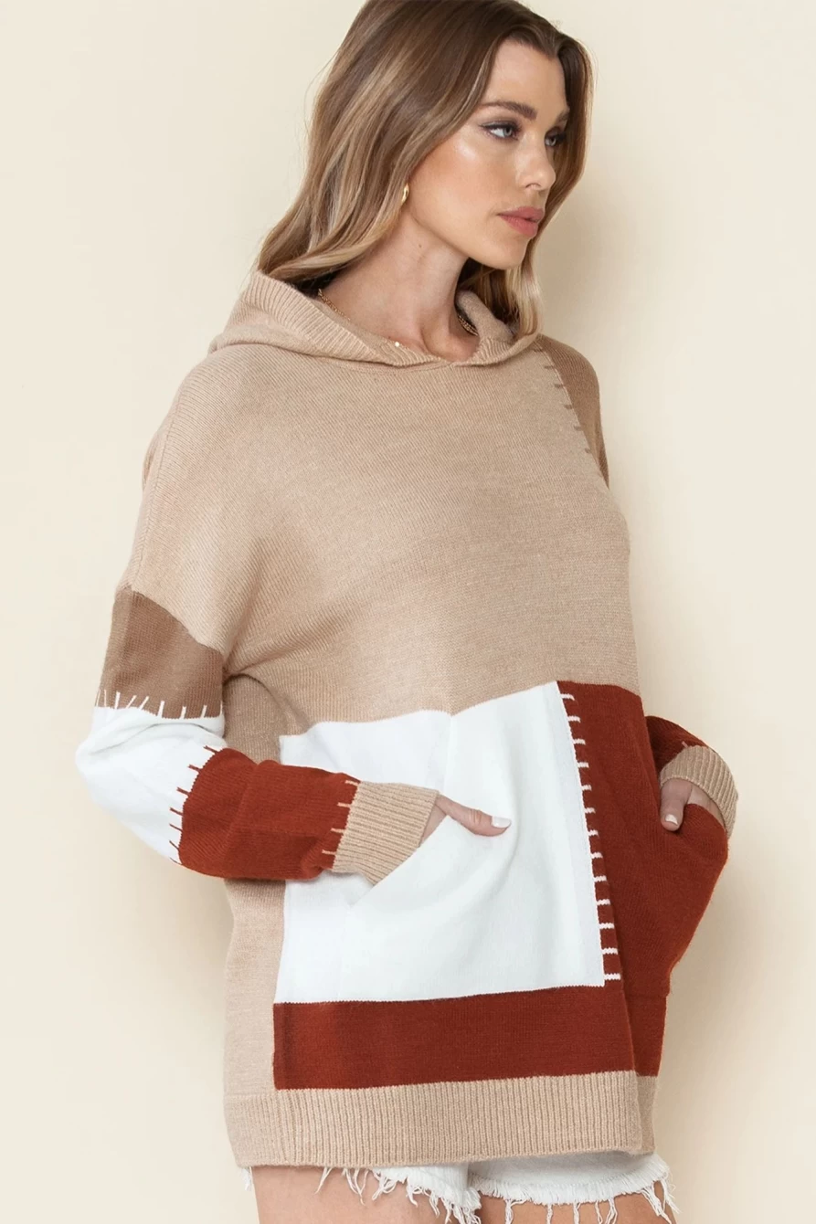 Women's Brown Color Block Hooded Sweater with Kangaroo Pocket - Shewin