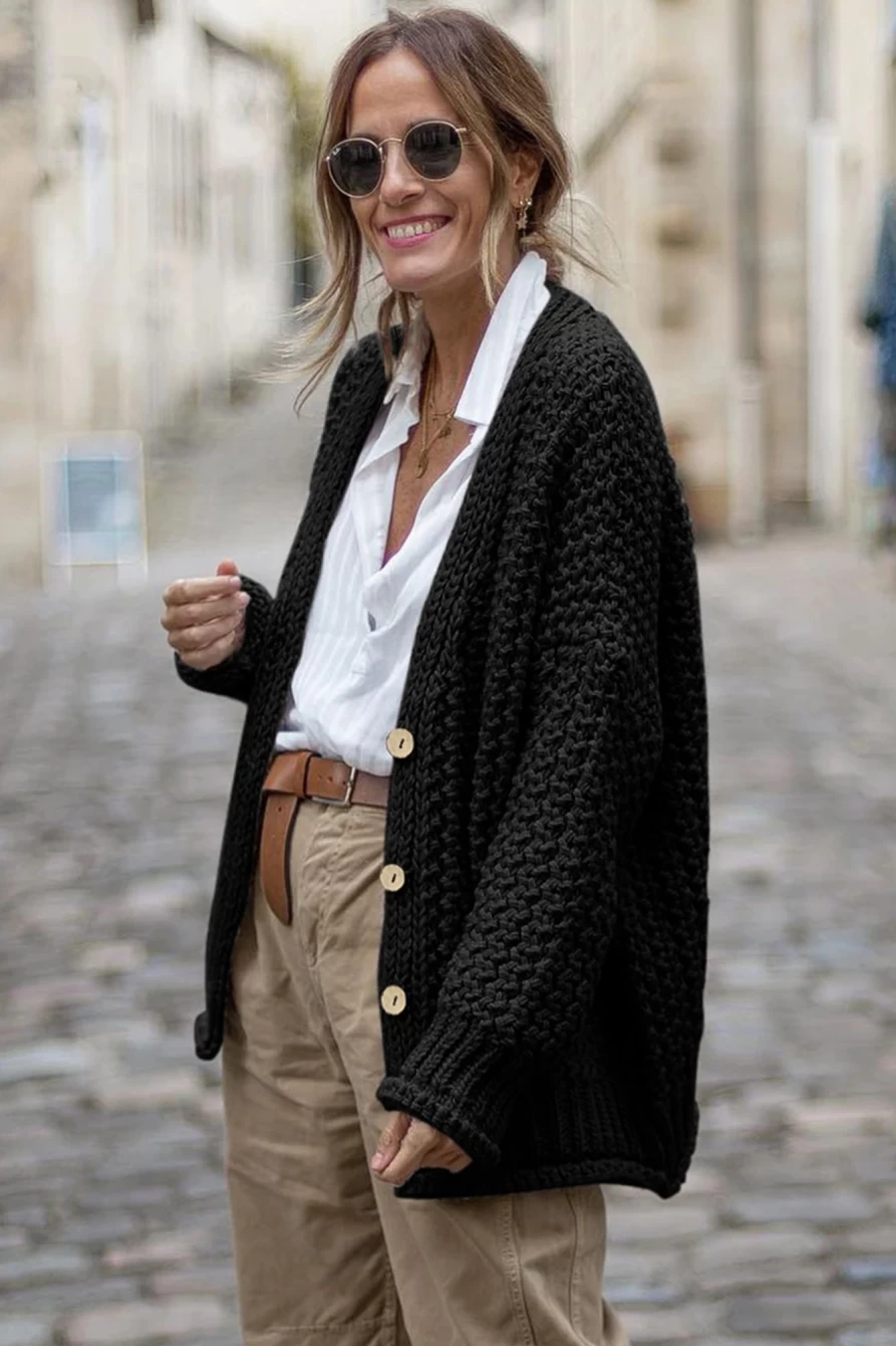Shewin Women's Black Chunky Knit Button Front Oversized Cardigan