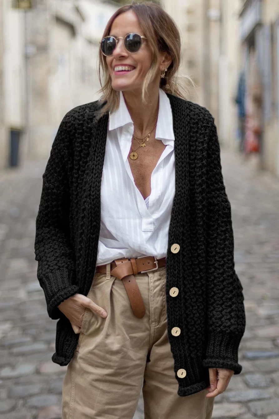 Shewin Women's Black Chunky Knit Button Front Oversized Cardigan