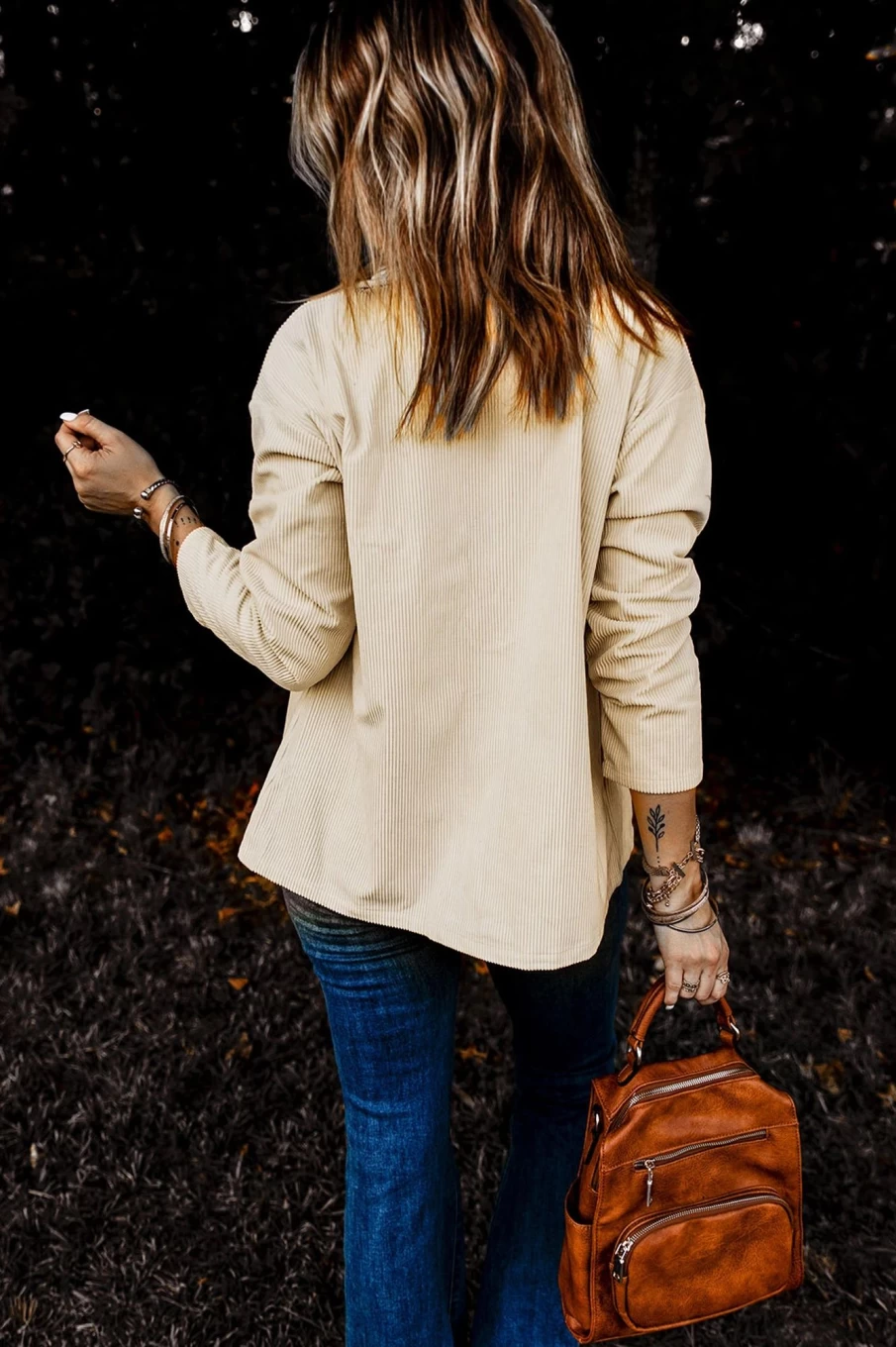 Women's Beige Corduroy Shacket with Button Up & Patch Pockets | Shewin