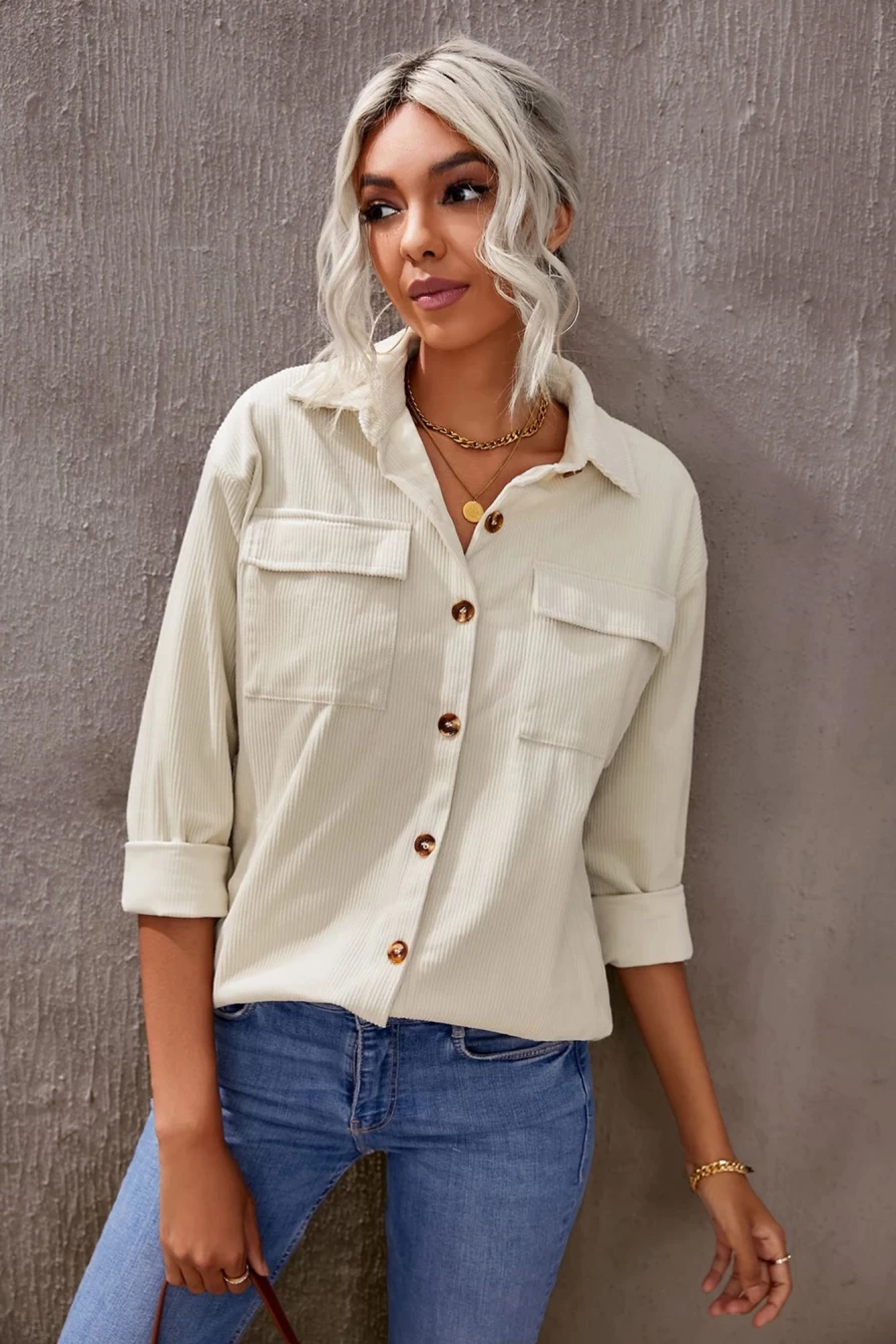 Women's Beige Corduroy Shacket with Button Up & Patch Pockets | Shewin