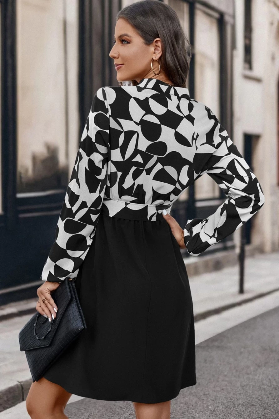 Shewin Women's White Color Block Belted Long Sleeve Mini Dress