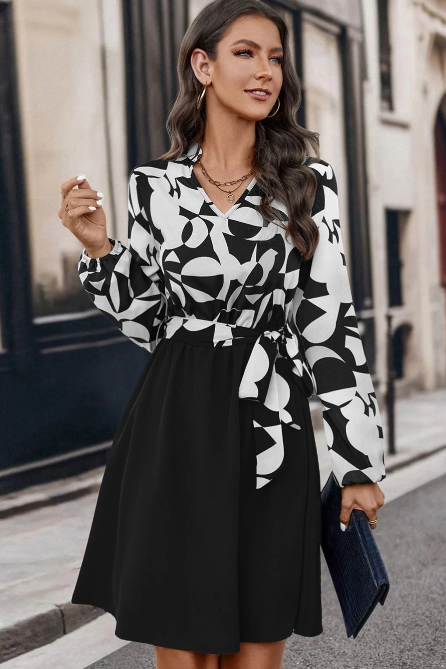 Shewin Women's White Color Block Belted Long Sleeve Mini Dress