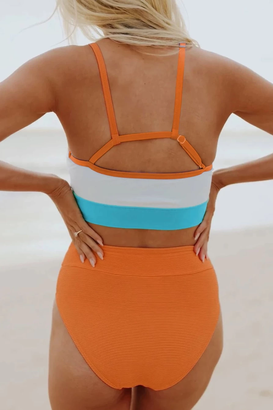 "Shewin Women's Orange Color Block High Waist Bikini Set - Spaghetti Strap Two Piece Swimsuit"
