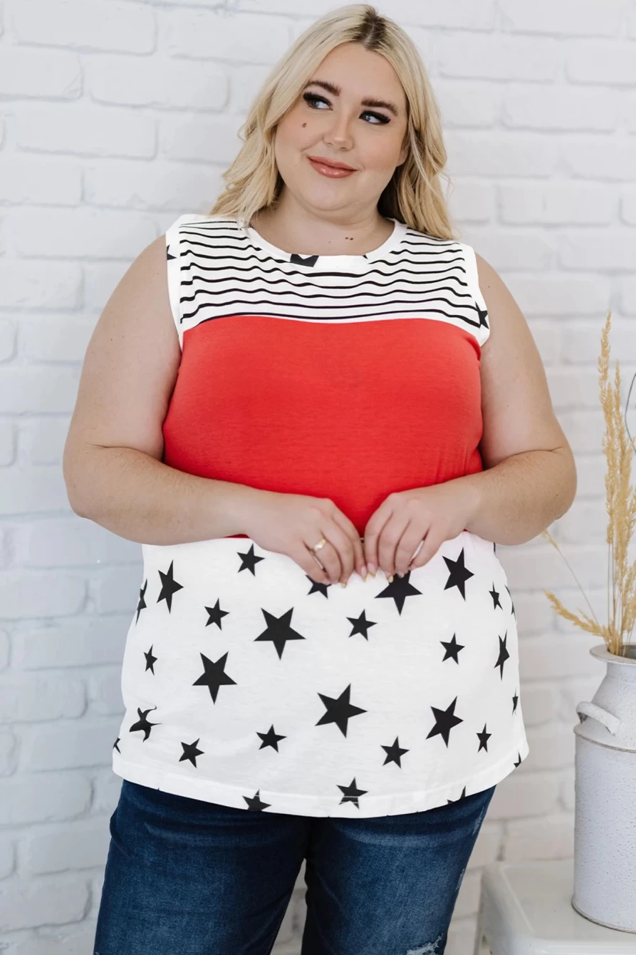 Shewin Women's White Plus Size Sleeveless Top with Red Stripes and Stars Print