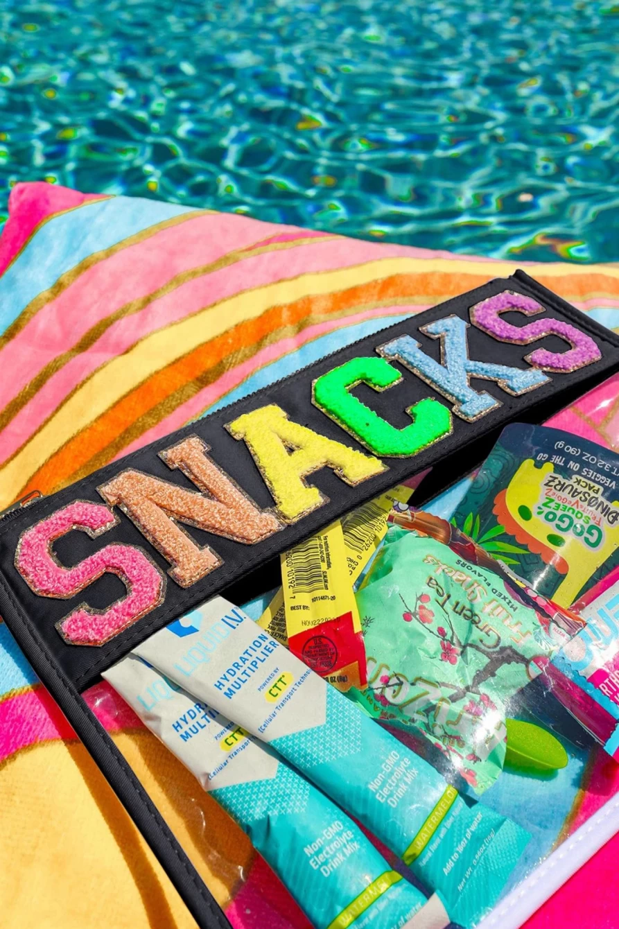Shewin Black Chenille Letter Snack Pouch for Women - Clear Zipped Cosmetic Bag