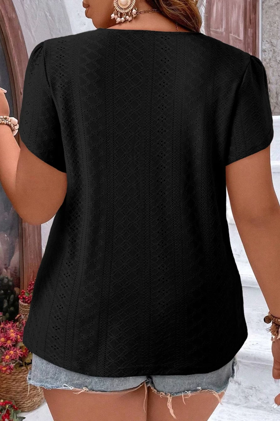 Shewin Women's Black Guipure V-Neck Plus Size Embroidered Eyelet Top