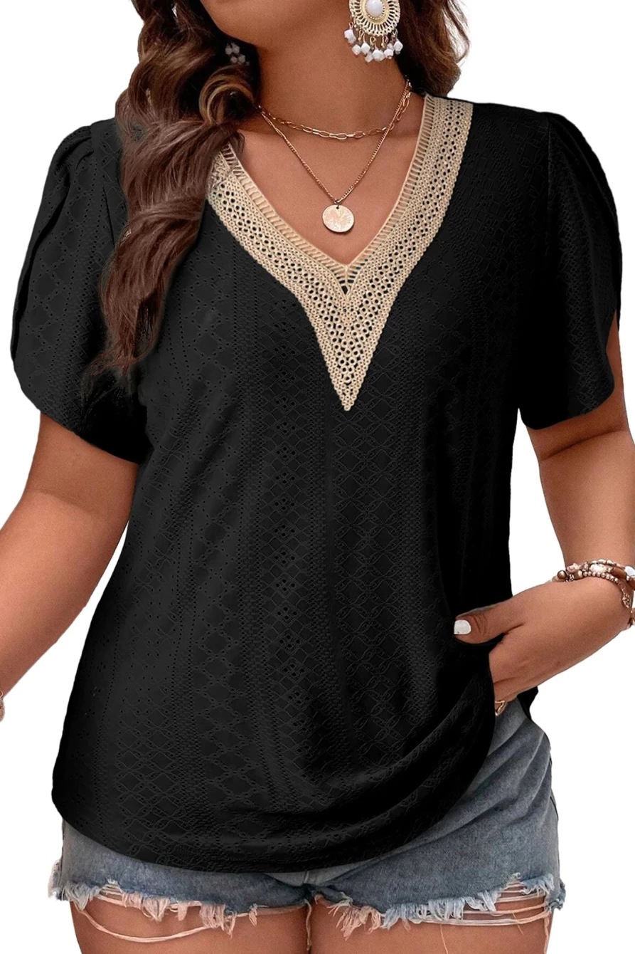 Shewin Women's Black Guipure V-Neck Plus Size Embroidered Eyelet Top