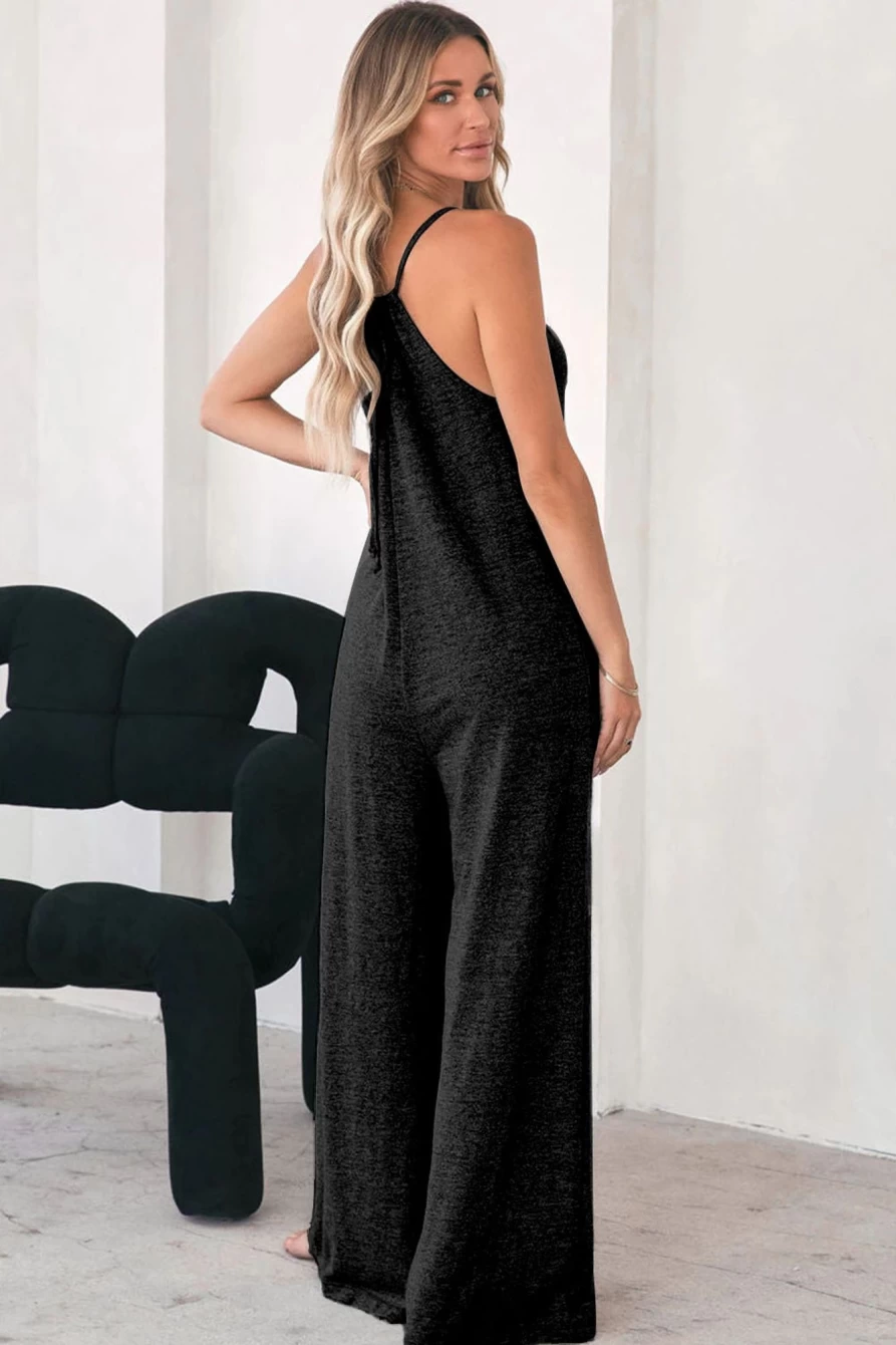 Women's Black Loose Fit Wide Leg Jumpsuit with Side Pockets & Spaghetti Straps | Shewin