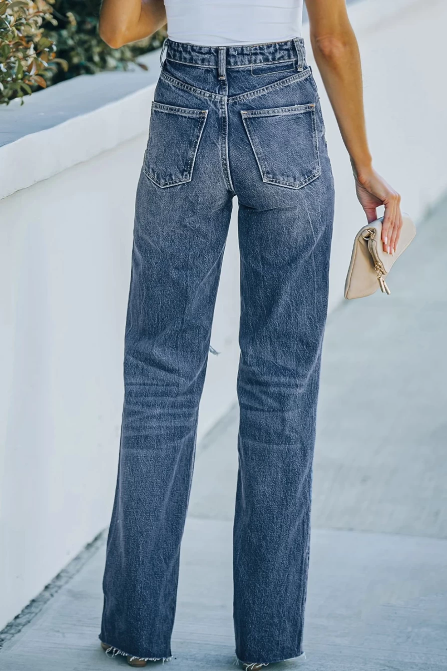 Shewin Women's Sky Blue High Waisted Straight Leg Jeans with Ripped Pockets