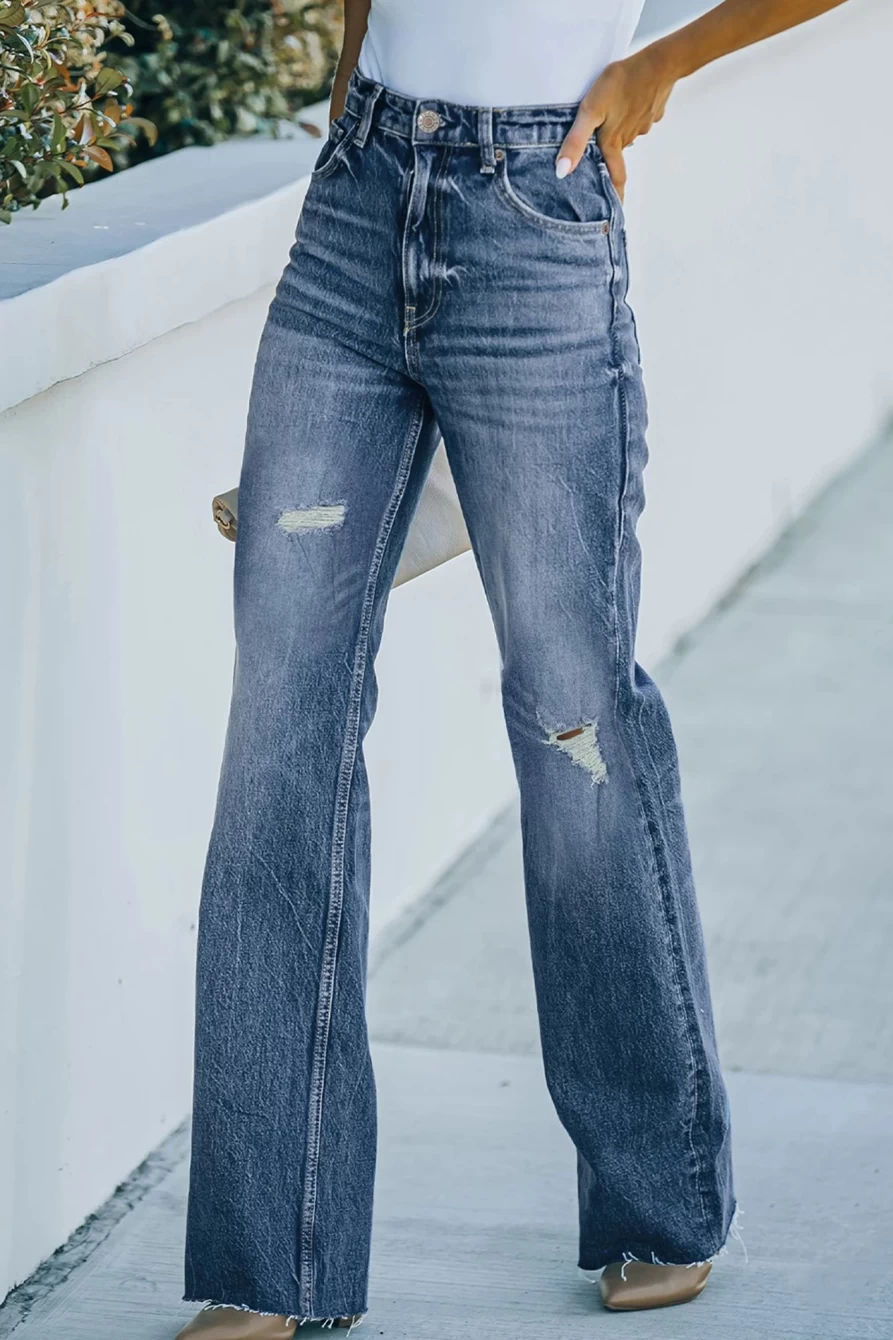 Shewin Women's Sky Blue High Waisted Straight Leg Jeans with Ripped Pockets