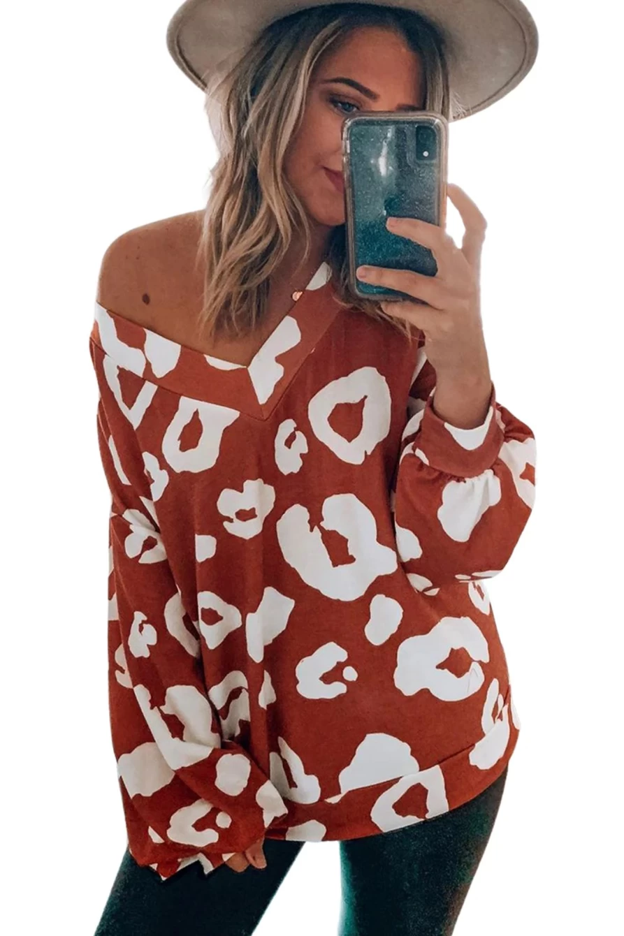 Shewin Women's Clay Red Leopard Print V-Neck Top with Bishop Sleeves