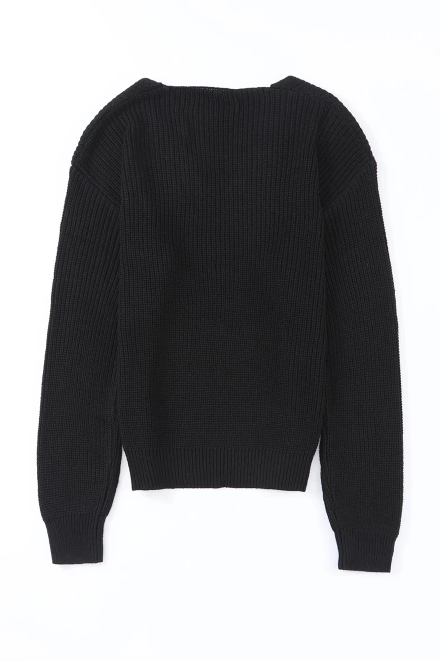Shewin Women's Black Ribbed Knit V-Neck Sweater - Basic Slim Fit Pullover Top