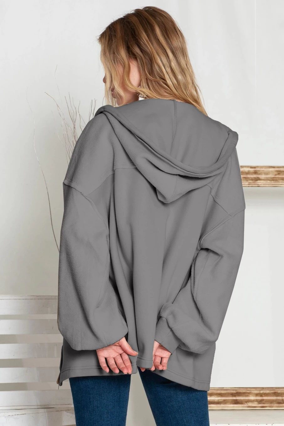 Shewin Women's Gray Bishop Sleeve Zip Up Hoodie Jacket with Flap Pockets