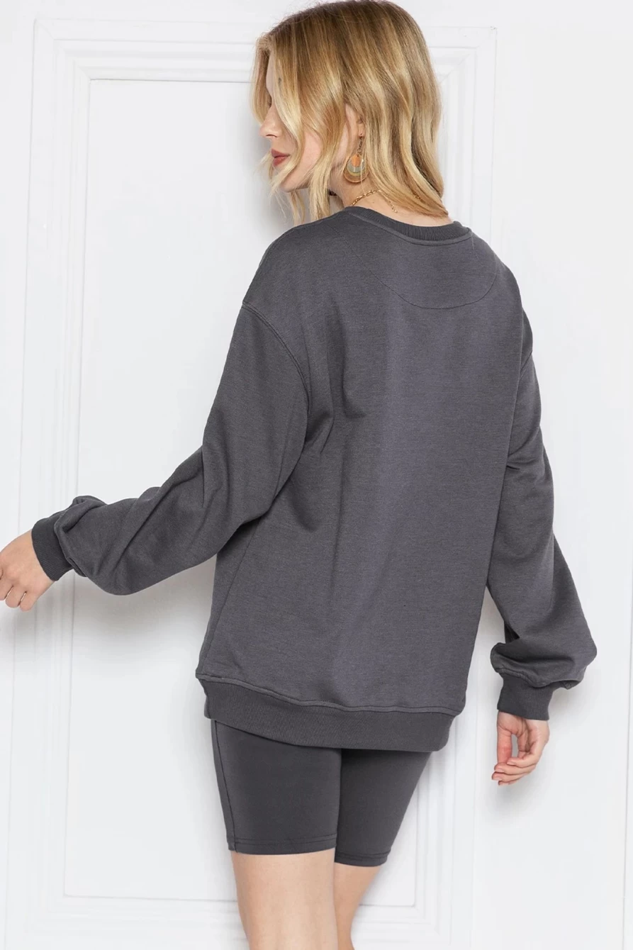 Shewin Women's Dark Grey Solid Color Pullover & Skinny Shorts Two-Piece Set