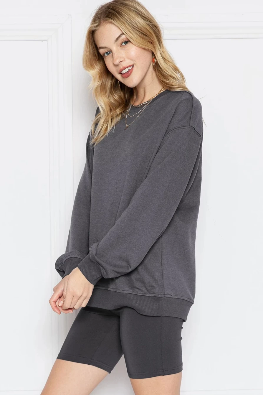 Shewin Women's Dark Grey Solid Color Pullover & Skinny Shorts Two-Piece Set